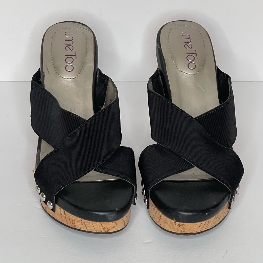 Womens black/brown cross band wedge cork heel size 8 shoes